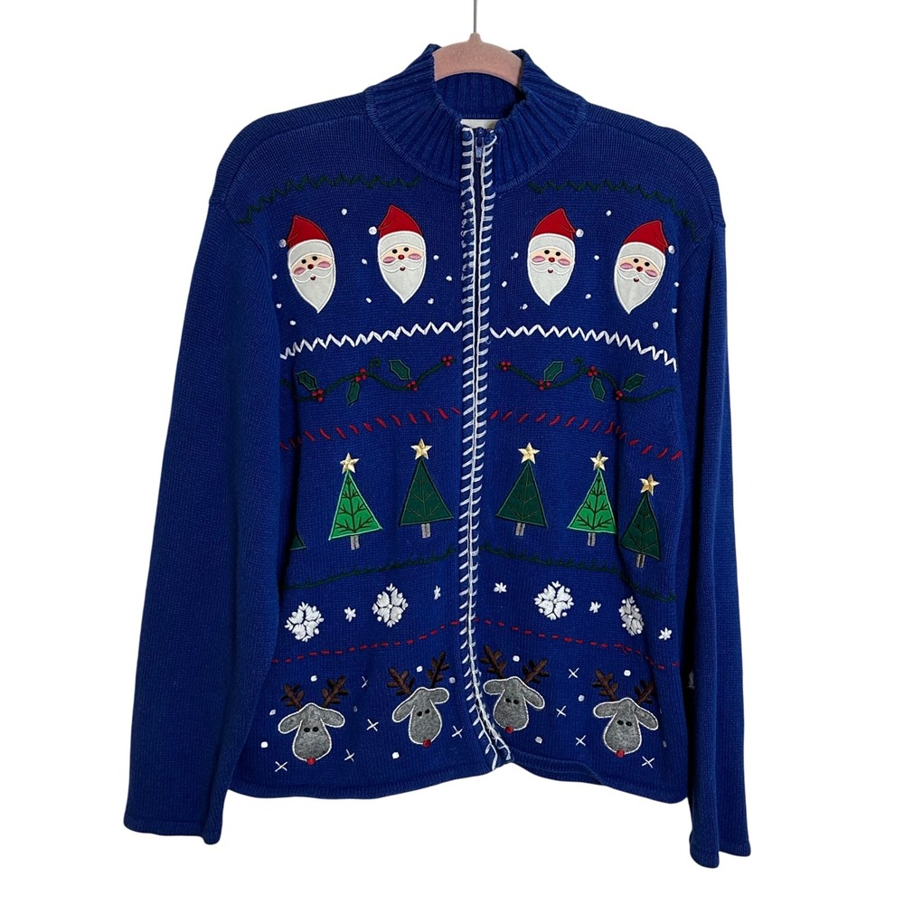 Vintage Crystal Kobe Christmas‎ Zip Cardigan Sweater Size L Blue Santa Reindeer